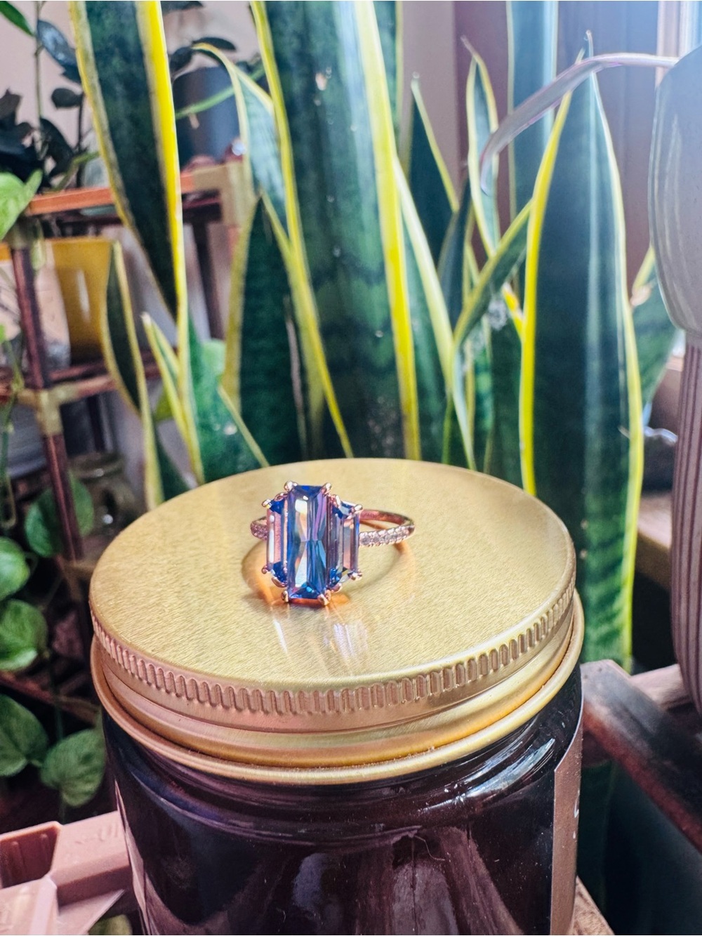 Bomb Party Blue Violet Three Stone Statement Ring Rose Gold Tone size 10